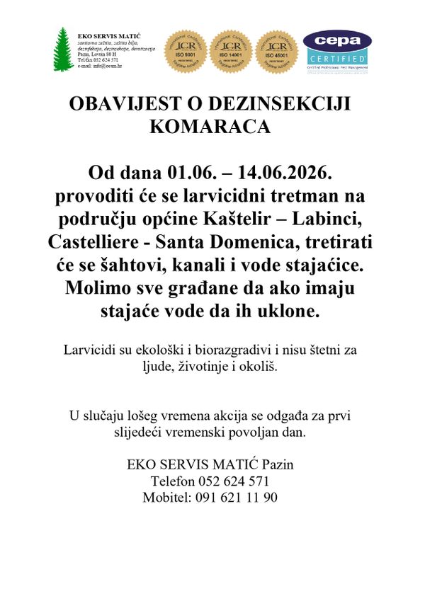 SUZBIJANJE KOMARACA - OBAVIJEST
